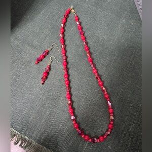 Faceted Red Glass Beaded Necklace and Earring Set